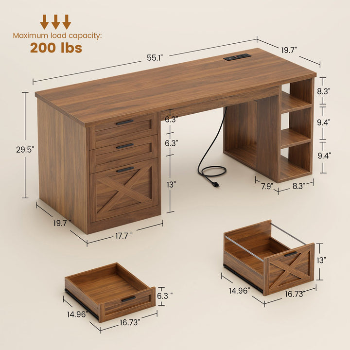 SEDETA® 55.1 Inch Executive Desk Farmhouse Computer Desk with Power Outlet 3 Drawers Storage Shelves for Home Office