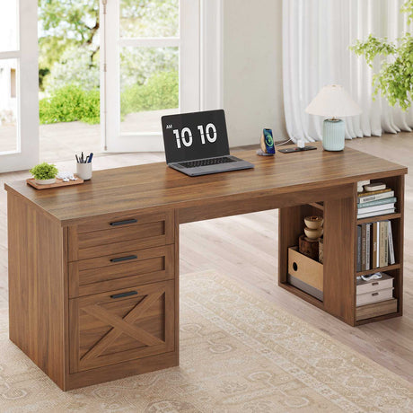 SEDETA | 55.1 Inch Computer Desk with File Drawer and Storage Shelves Farmhouse Office Desk Executive Desk with Power Outlet