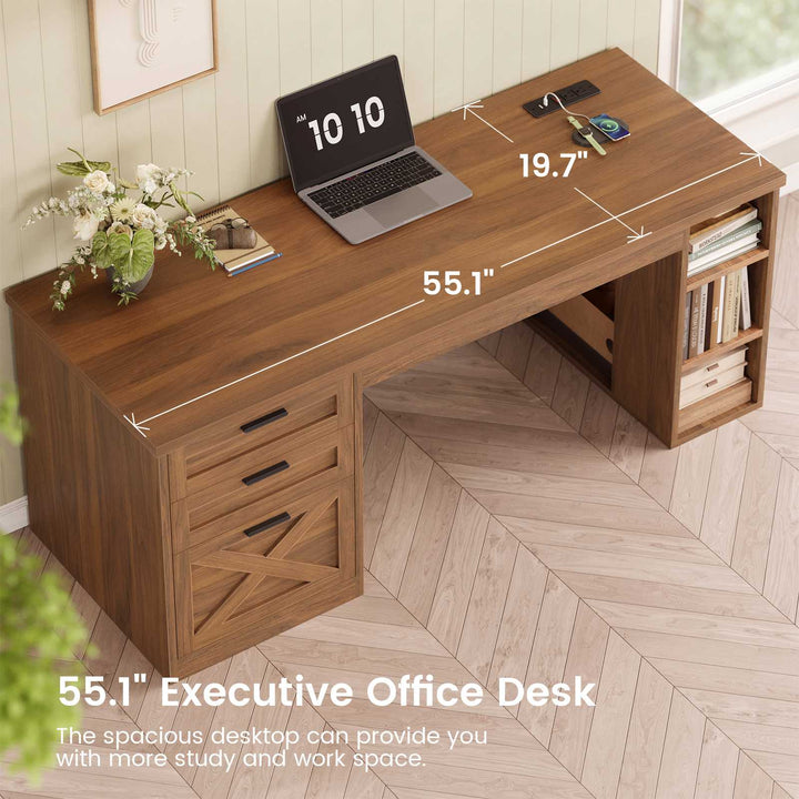 SEDETA® 55.1 Inch Executive Desk Farmhouse Computer Desk with Power Outlet 3 Drawers Storage Shelves for Home Office