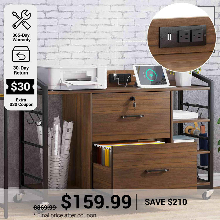 SEDETA® 44 Inch 2 Drawer File Cabinets with Power Strip Lock 6 Storage Shelves for Home Office