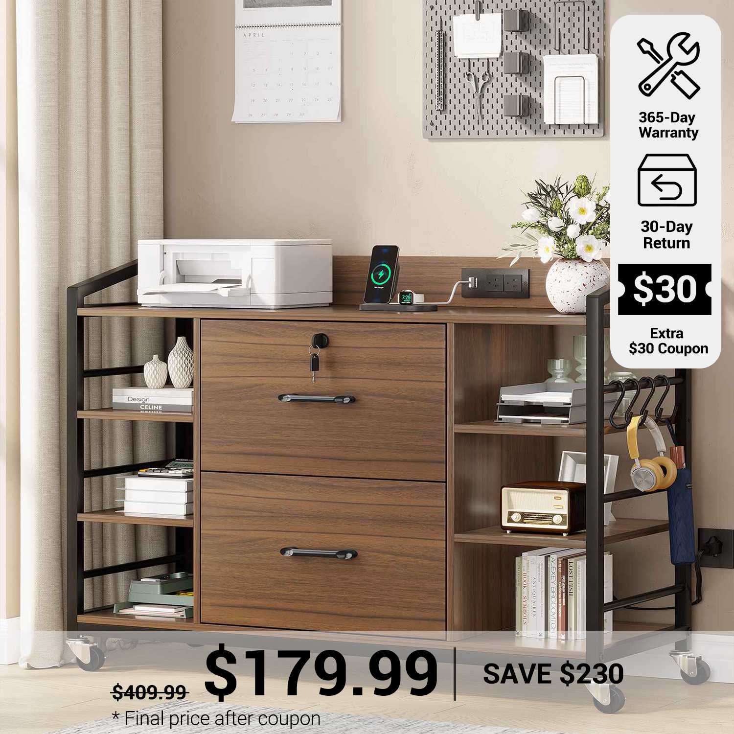 SEDETA 44 Inch 2 Drawer File Cabinet Filing Cabinet with Power Strip L