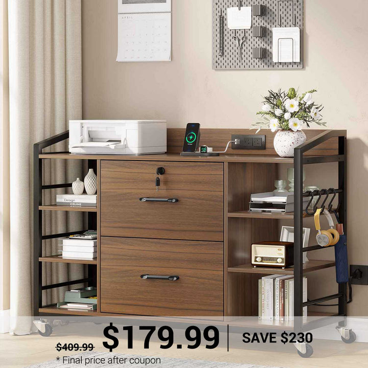 SEDETA 44 Inch 2 Drawer File Cabinet Filing Cabinet with Power Strip Lock 6 Storage Shelves