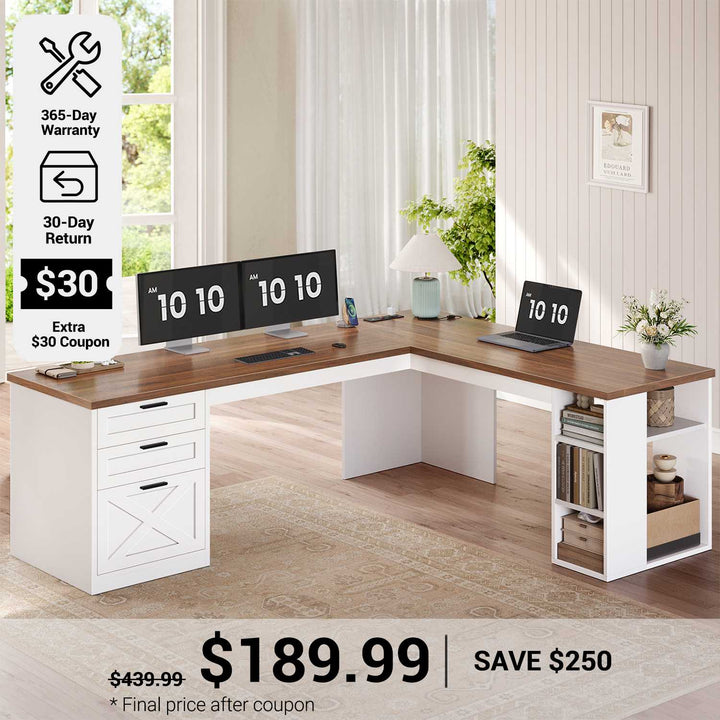 SEDETA® 67 Inch Farmhouse L Shaped Computer Desk with 3 Drawers Home Office Executive Desk with Storage Shelves and Power Outlets