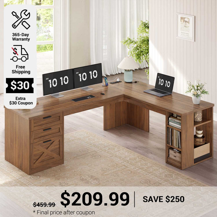 SEDETA 67 Inch Farmhouse L Shaped Executive Computer Desk with 3 Drawers Storage Shelves Power Outlets