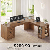 SEDETA 67 Inch Farmhouse L Shaped Computer Desk with 3 Drawers, Home Office Executive Desk with Storage Shelves, Power Outlets