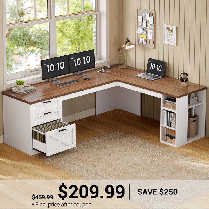 SEDETA 67 Inch Farmhouse L Shaped Executive Computer Desk with 3 Drawers Storage Shelves Power Outlets