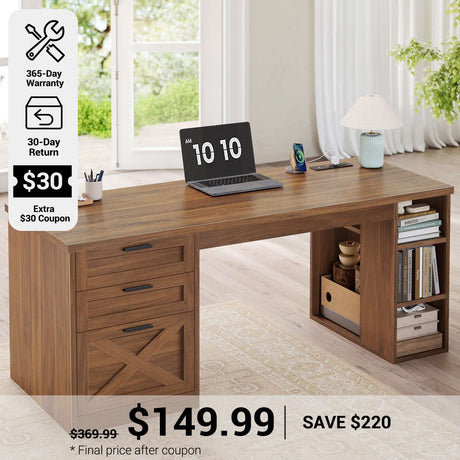 SEDETA® 55.1 Inch Executive Desk Farmhouse Computer Desk with Power Outlet 3 Drawers Storage Shelves for Home Office