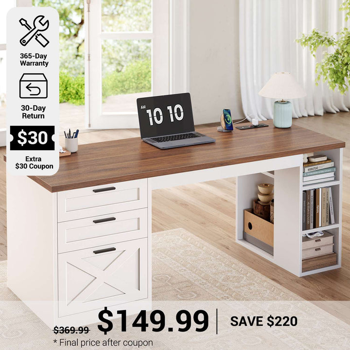 SEDETA® 55.1 Inch Executive Desk Farmhouse Computer Desk with Power Outlet 3 Drawers Storage Shelves for Home Office