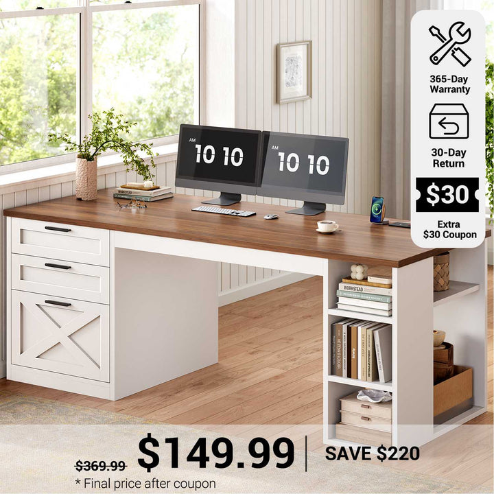 SEDETA® 55.1 Inch Executive Desk Farmhouse Computer Desk with Power Outlet 3 Drawers Storage Shelves for Home Office