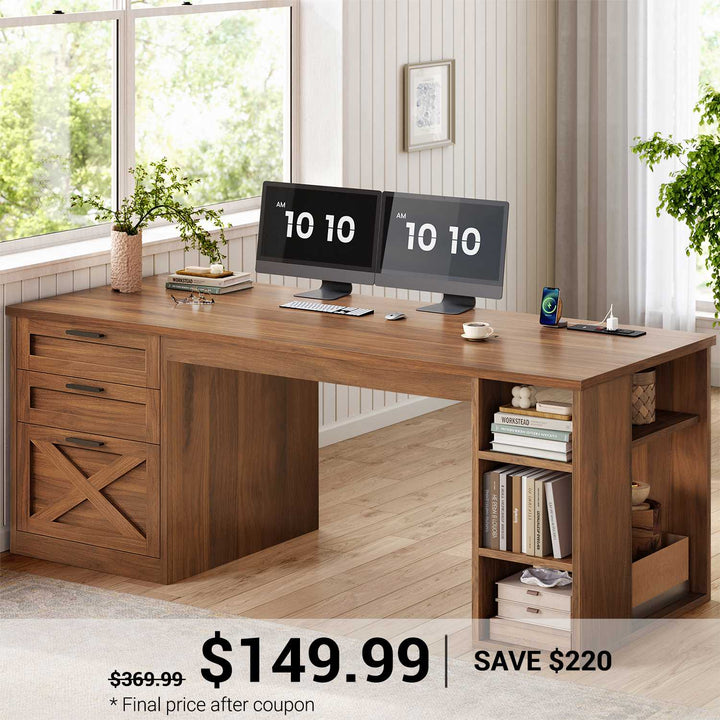 SEDETA® 55.1 Inch Executive Desk Farmhouse Computer Desk with Power Outlet 3 Drawers Storage Shelves for Home Office