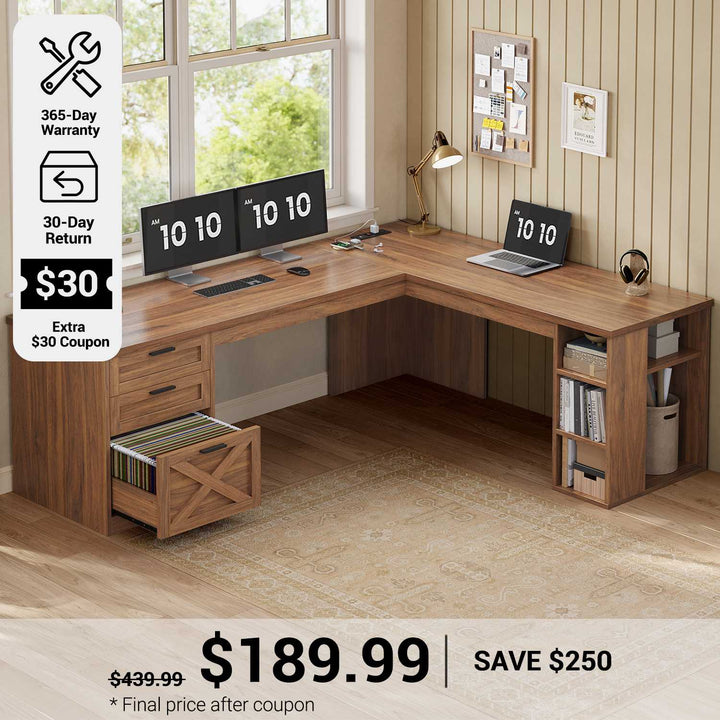SEDETA® 67 Inch Farmhouse L Shaped Computer Desk with 3 Drawers Home Office Executive Desk with Storage Shelves and Power Outlets