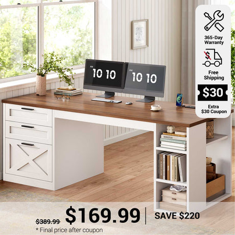 SEDETA 55.1 Inch Farmhouse Office Desk with 3 Drawers Computer Desk with Storage Shelves Executive Desk with Power Outlet