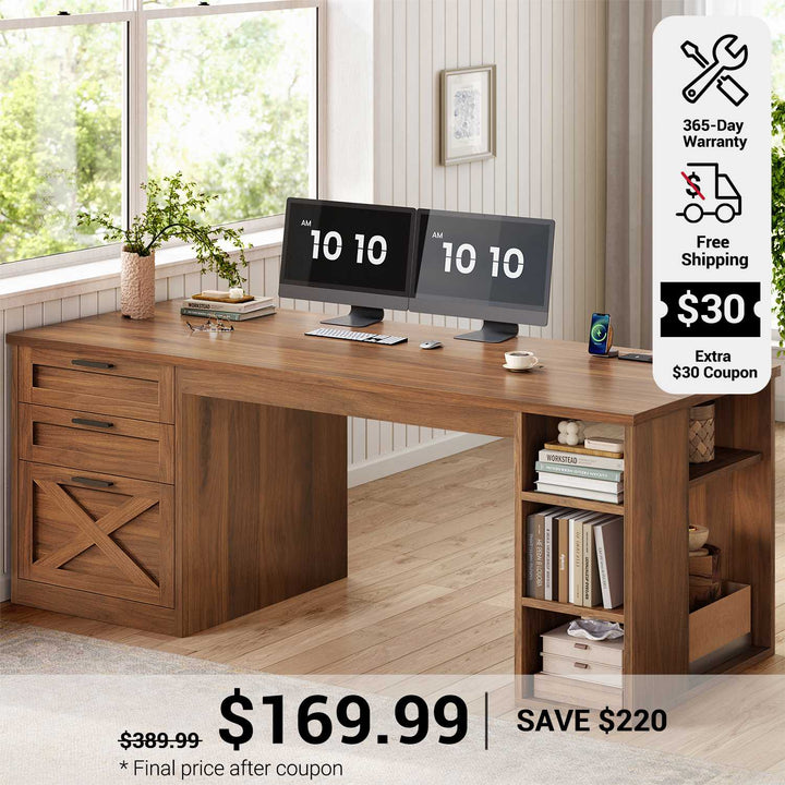 SEDETA 55.1 Inch Farmhouse Office Desk with 3 Drawers Computer Desk with Storage Shelves Executive Desk with Power Outlet