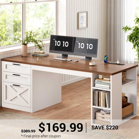 SEDETA 55.1 Inch Farmhouse Office Desk with 3 Drawers Computer Desk with Storage Shelves Executive Desk with Power Outlet