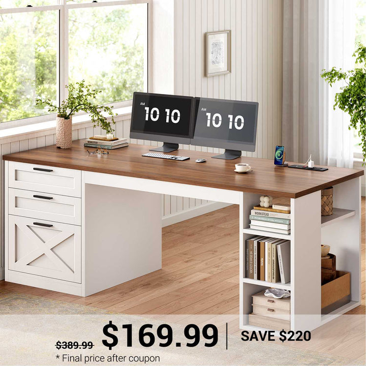 SEDETA 55.1 Inch Farmhouse Office Desk with 3 Drawers Computer Desk with Storage Shelves Executive Desk with Power Outlet