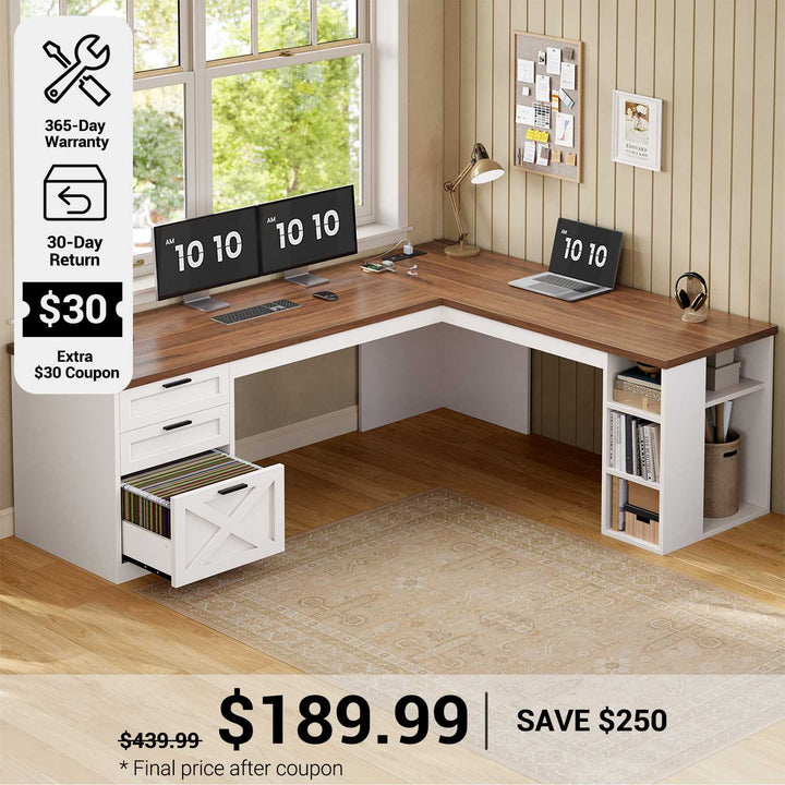 SEDETA® 67 Inch Farmhouse L Shaped Computer Desk with 3 Drawers Home Office Executive Desk with Storage Shelves and Power Outlets