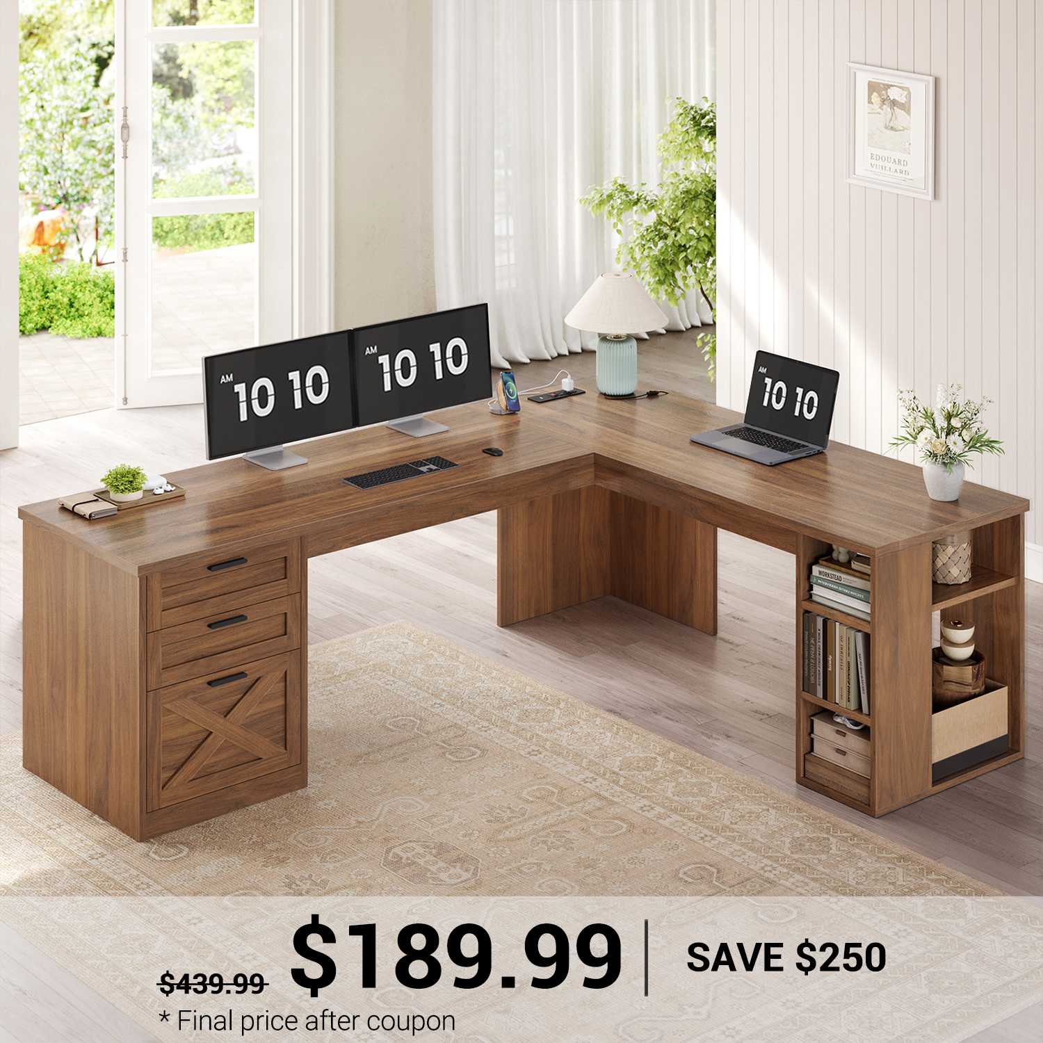 SEDETA® 67 Inch Farmhouse L Shaped Computer Desk with 3 Drawers Home O