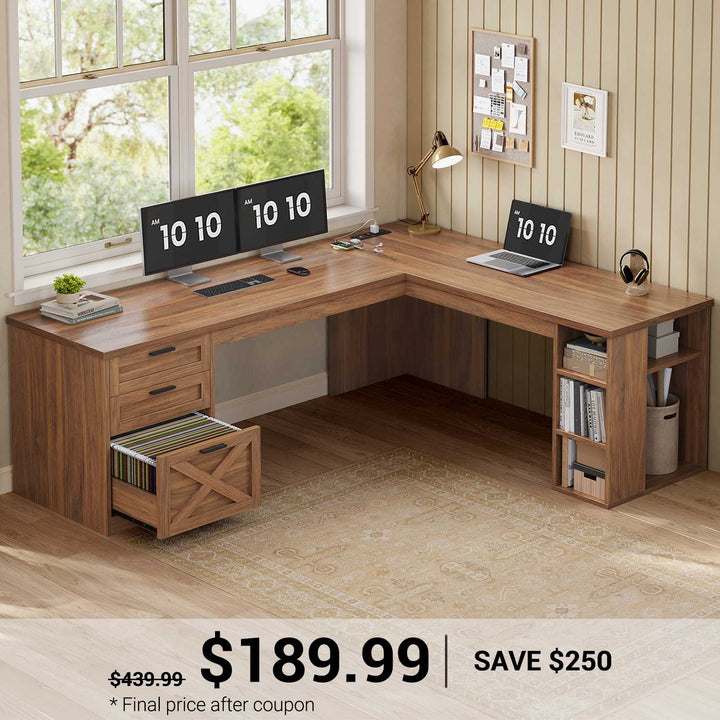 SEDETA® 67 Inch Farmhouse L Shaped Computer Desk with 3 Drawers Home Office Executive Desk with Storage Shelves and Power Outlets