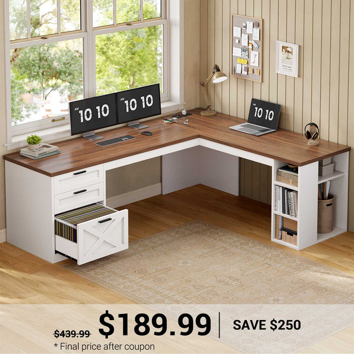 SEDETA® 67 Inch Farmhouse L Shaped Computer Desk with 3 Drawers Home Office Executive Desk with Storage Shelves and Power Outlets