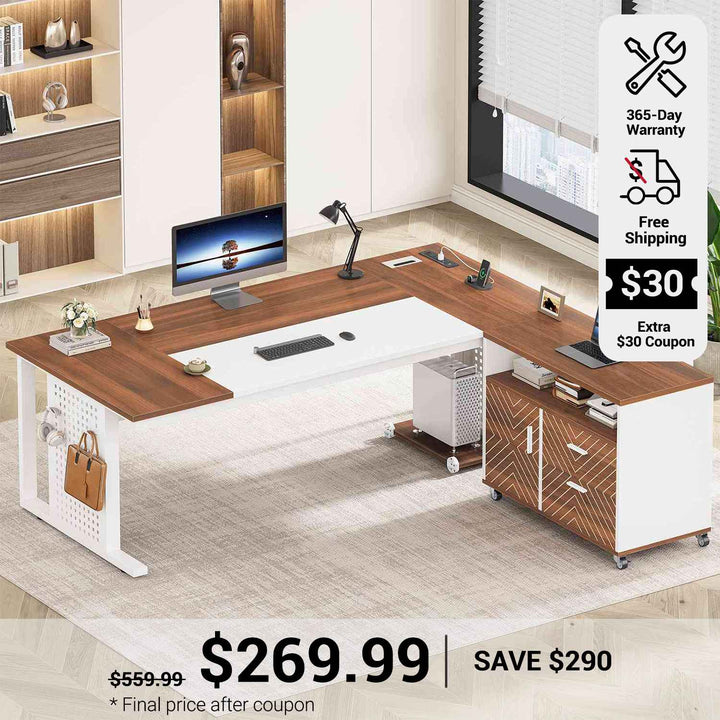 SEDETA 71 Inch Executive Desk with Rolling File Cabinet Office Computer Desk with Drawers Shelves Power Outlets CPU Stand Pegboard