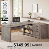 SEDETA® 61 Inch L Shaped Farmhouse Executive Computer Desk with Power Outlets File Drawers and Storage Shelves