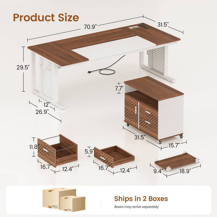 SEDETA® 71 Inch L Shaped Computer Desk with Rolling File Cabinet Office Executive Desk with Storage Drawers Power Outlets Pegboard