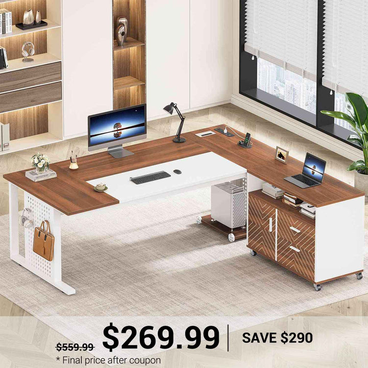 SEDETA 71 Inch Executive Desk with Rolling File Cabinet Office Computer Desk with Drawers Shelves Power Outlets CPU Stand Pegboard