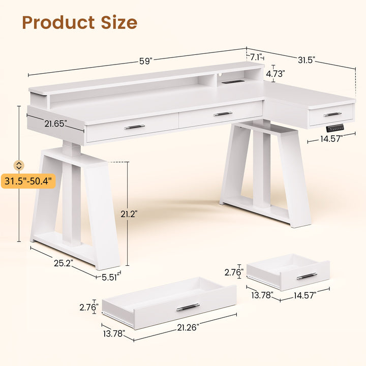 SEDETA® 59 Inch Electric Standing Desk L Shaped Height Adjustable Ergonomic Executive Computer Desk with Power Outlets Drawers