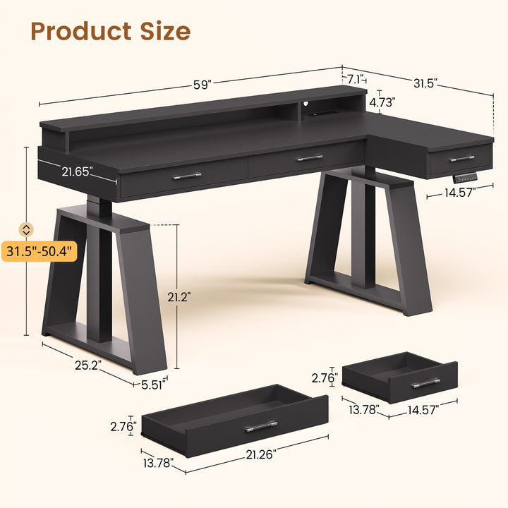 SEDETA® 59 Inch Electric Standing Desk L Shaped Height Adjustable Ergonomic Executive Computer Desk with Power Outlets Drawers