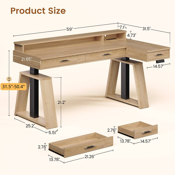 SEDETA® 59 Inch Electric Standing Desk L Shaped Height Adjustable Ergonomic Executive Computer Desk with Power Outlets Drawers