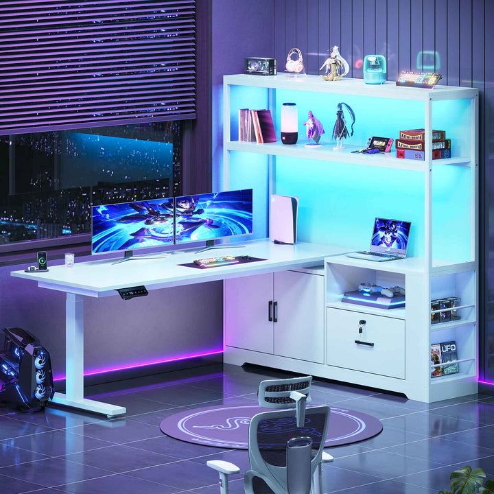 SEDETA 56.7 Inch Standing Desk Height Adjustable Electric L Shaped Stand Up Computer Gaming Desk with Drawers Hutch Power Outlets