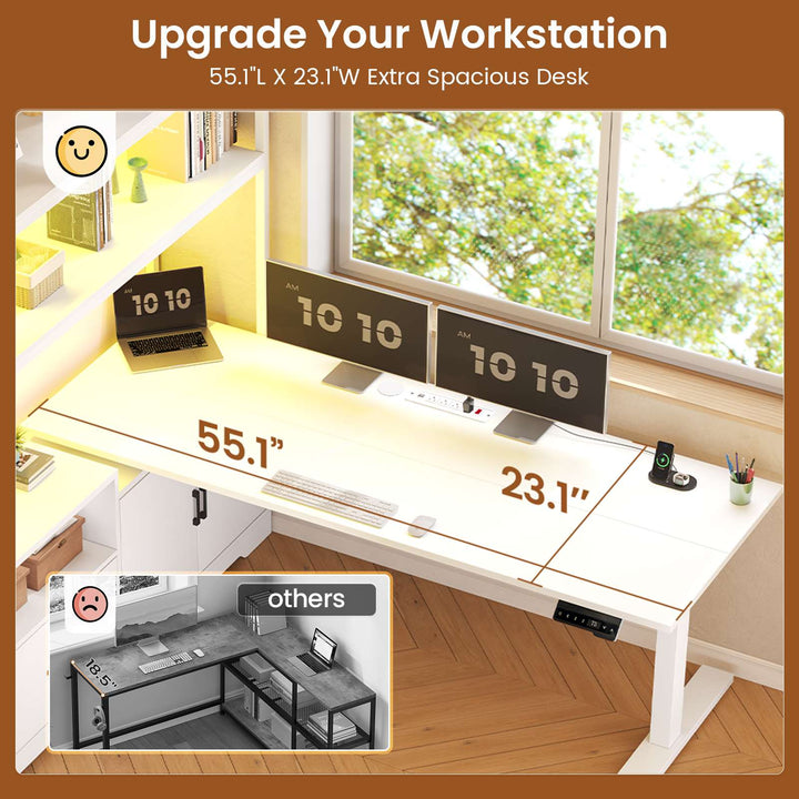SEDETA | 56.7 Inch L Shaped Standing Desk Computer Desk Height Adjustable Electric Corner Gaming Desks with Power Outlets LED Lights
