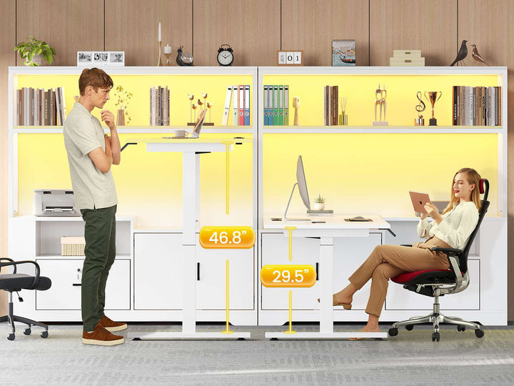 SEDETA | 56.7 Inch L Shaped Standing Desk Computer Desk Height Adjustable Electric Corner Gaming Desks with Power Outlets LED Lights