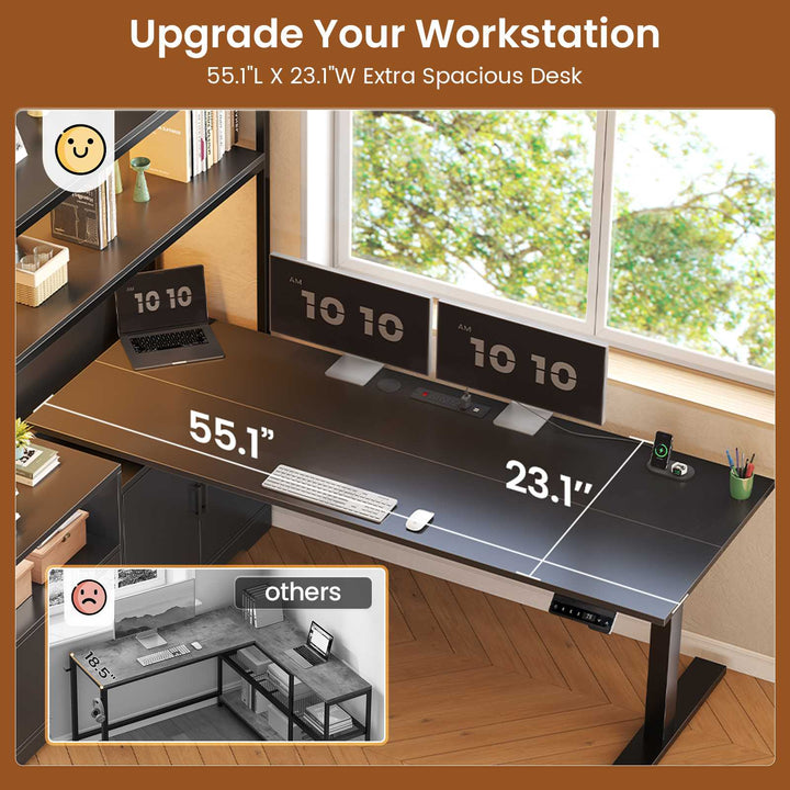 SEDETA 56.7 Inch Standing Desk Height Adjustable Electric L Shaped Stand Up Computer Gaming Desk with Drawers Hutch Power Outlets