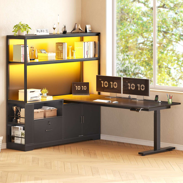 SEDETA | 56.7 Inch L Shaped Standing Desk Computer Desk Height Adjustable Electric Corner Gaming Desks with Power Outlets LED Lights