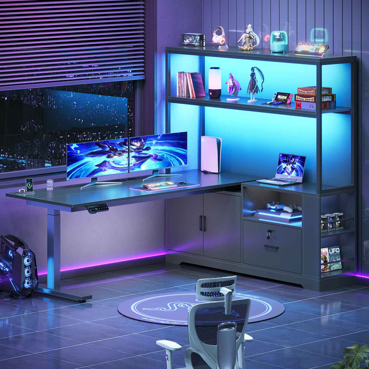 SEDETA 56.7 Inch Standing Desk Height Adjustable Electric L Shaped Stand Up Computer Gaming Desk with Drawers Hutch Power Outlets