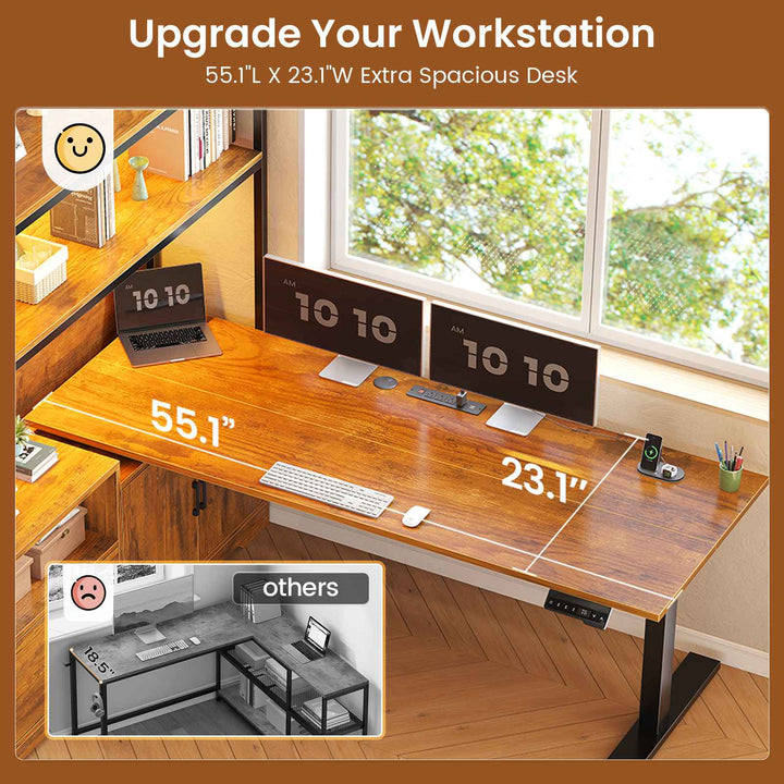 SEDETA | 56.7 Inch L Shaped Standing Desk Computer Desk Height Adjustable Electric Corner Gaming Desks with Power Outlets LED Lights