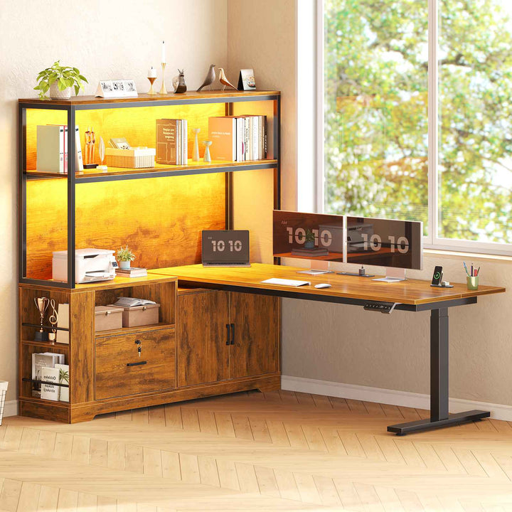 SEDETA | 56.7 Inch L Shaped Standing Desk Computer Desk Height Adjustable Electric Corner Gaming Desks with Power Outlets LED Lights