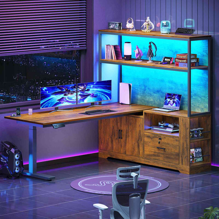 SEDETA 56.7 Inch Standing Desk Height Adjustable Electric L Shaped Stand Up Computer Gaming Desk with Drawers Hutch Power Outlets