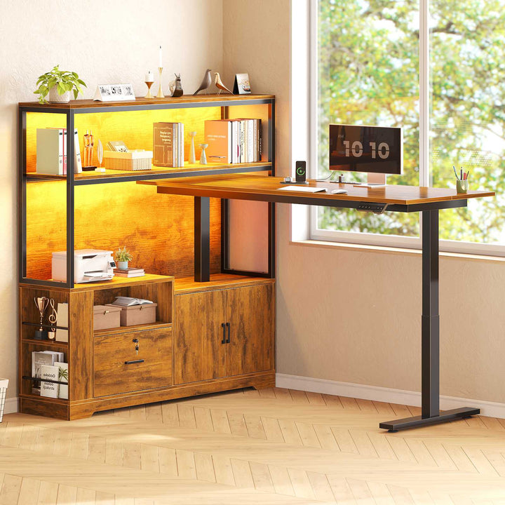 SEDETA | 56.7 Inch L Shaped Standing Desk Computer Desk Height Adjustable Electric Corner Gaming Desks with Power Outlets LED Lights