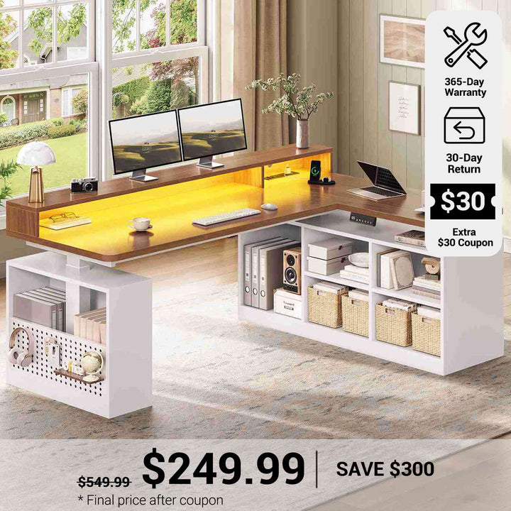 SEDETA® 63 Inch L Shaped Standing Desk Electric Height Adjustable Gaming Computer Desk with LED Lights Power Outlet Pegboard Storage Shelves