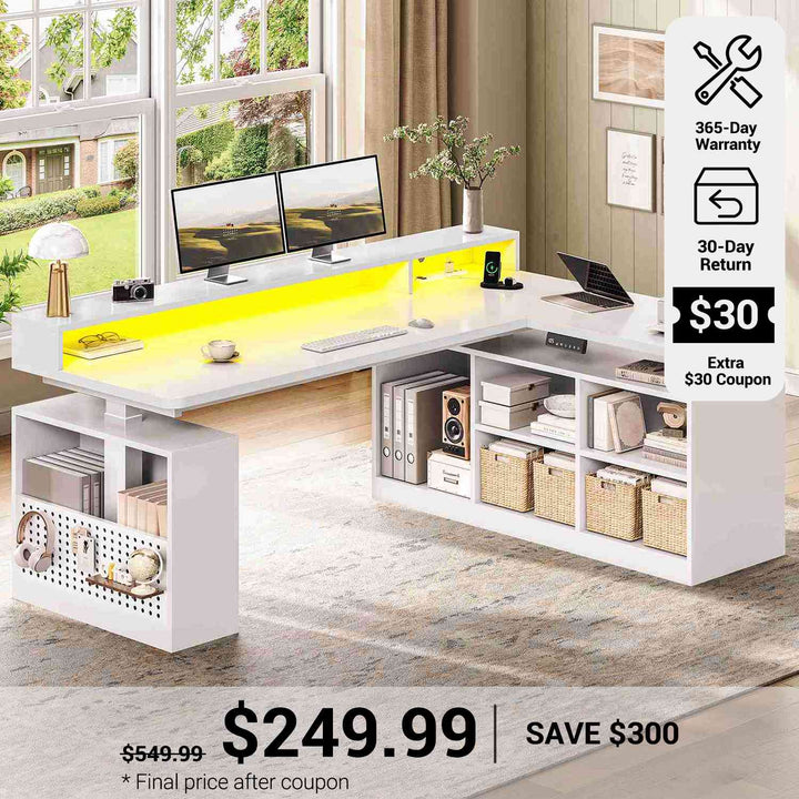 SEDETA® 63 Inch L Shaped Standing Desk Electric Height Adjustable Gaming Computer Desk with LED Lights Power Outlet Pegboard Storage Shelves