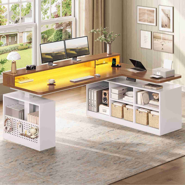 SEDETA | 63 Inch Height Adjustable Computer Desk with Storage Shelves and LED Lights L Shaped Electric Standing Desk with Power Outlet and Pegboard