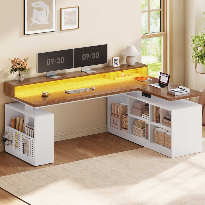 SEDETA | 63 Inch Height Adjustable Computer Desk with Storage Shelves and LED Lights L Shaped Electric Standing Desk with Power Outlet and Pegboard