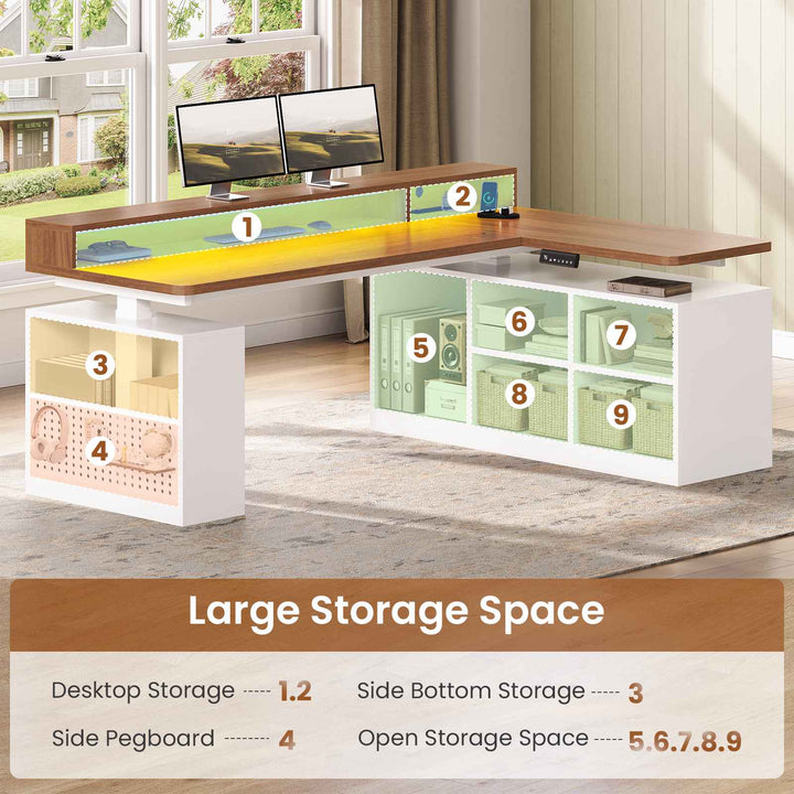 SEDETA | 63 Inch Height Adjustable Computer Desk with Storage Shelves and LED Lights L Shaped Electric Standing Desk with Power Outlet and Pegboard