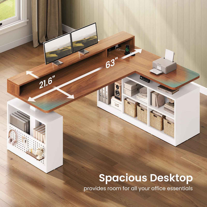 SEDETA | 63 Inch Height Adjustable Computer Desk with Storage Shelves and LED Lights L Shaped Electric Standing Desk with Power Outlet and Pegboard