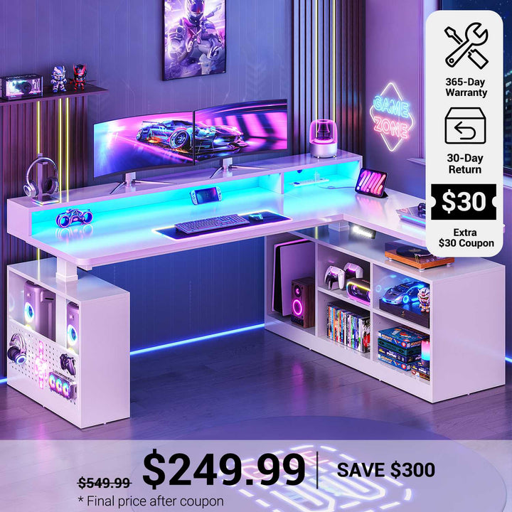 SEDETA® 63 Inch L Shaped Standing Desk Electric Height Adjustable Gaming Computer Desk with LED Lights Power Outlet Pegboard Storage Shelves