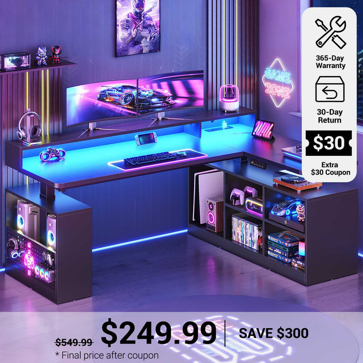 SEDETA® 63 Inch L Shaped Standing Desk Electric Height Adjustable Gaming Computer Desk with LED Lights Power Outlet Pegboard Storage Shelves