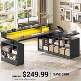 SEDETA | 63 Inch Height Adjustable Computer Desk with Storage Shelves and LED Lights L Shaped Electric Standing Desk with Power Outlet and Pegboard