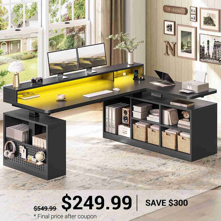 SEDETA | 63 Inch Height Adjustable Computer Desk with Storage Shelves and LED Lights L Shaped Electric Standing Desk with Power Outlet and Pegboard